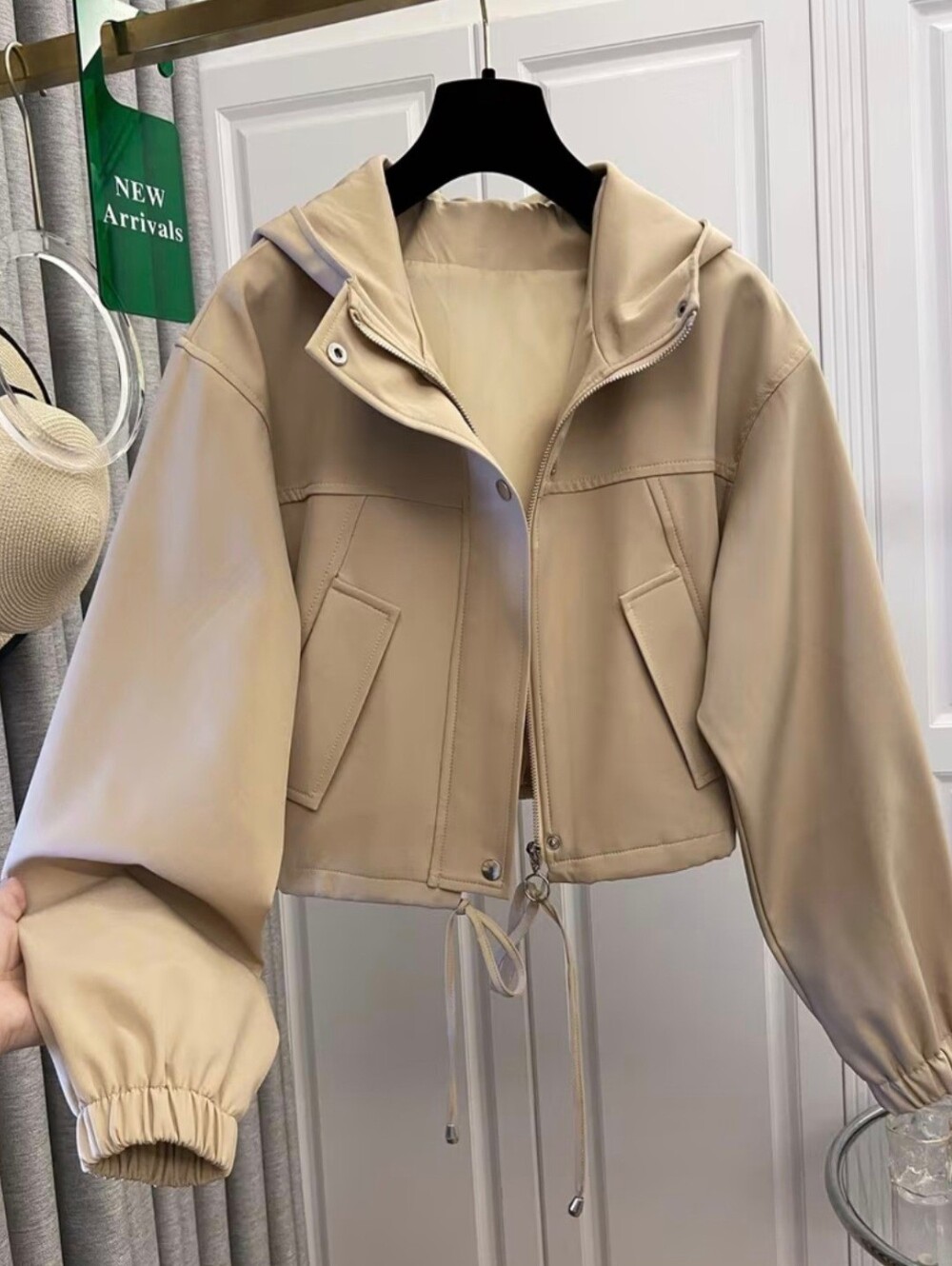 Short Solid Color Casual Women's Drawstring Pocket Hooded Loose Versatile Jacket